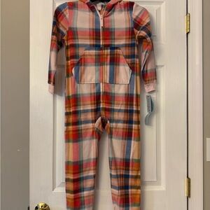Cat & Jack Girls Size S 6/7 Fleece 1-piece Zip Hooded Plaid Pajama Front Pocket